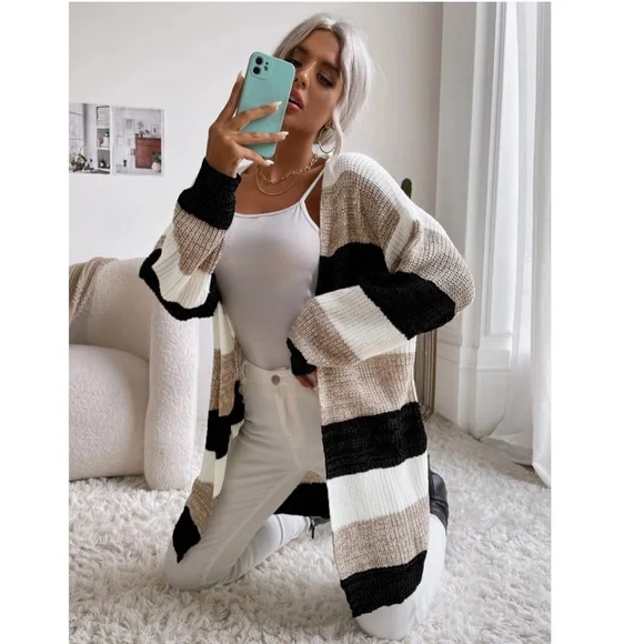 Colorblock Stripes Open Knit Cardigan Knee Length - Picture 4 of 8